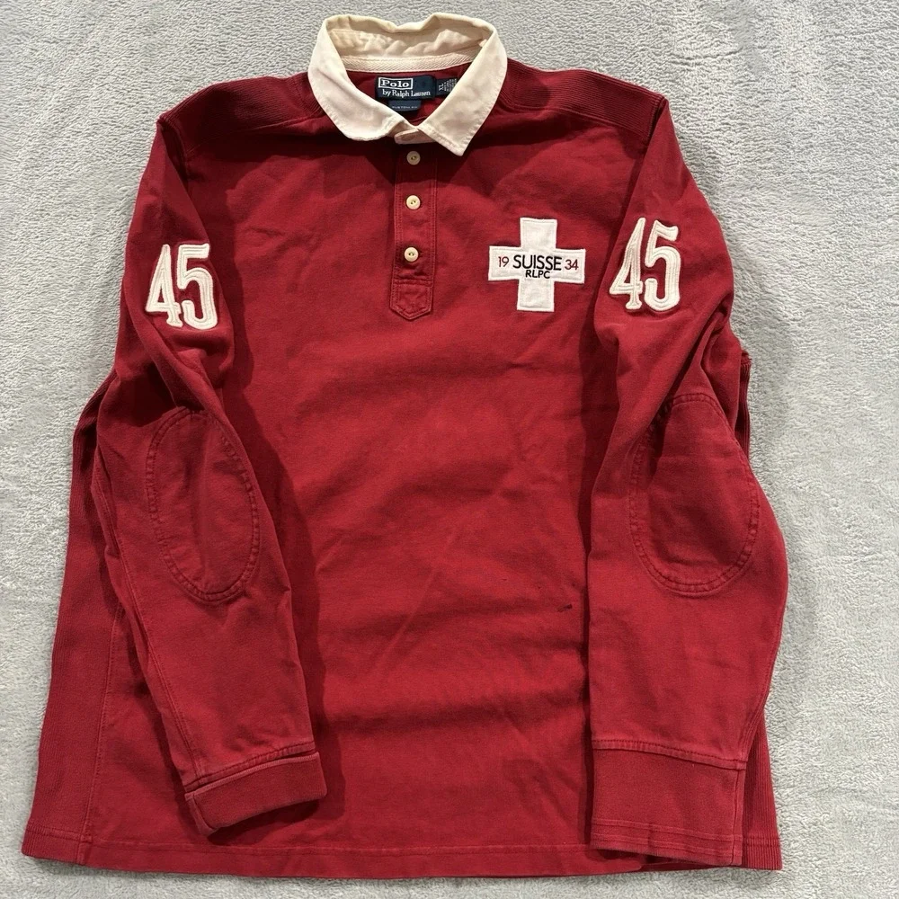 Vtg Polo Ralph Lauren Rugby Shirt Sz XL Red White Suisse RLPC 45 Old Money  Y2K